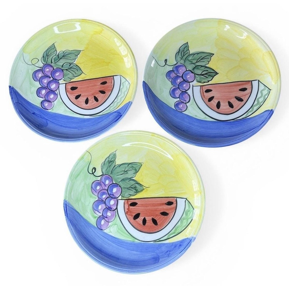 3 Grape & Watermelon Hand Painted Salad Dessert Stoneware Plates Fruit Lot 7.75"
